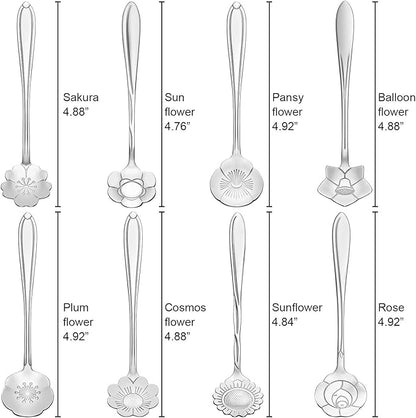 Chengu 8 Pieces Flower Coffee Tea Spoons Stainless Steel Sugar Spoons Tea Party Flower Fancy Tableware Set Stir Bar Creative Stirring Teaspoon, 8 Different Patterns(Silver) - Image 2