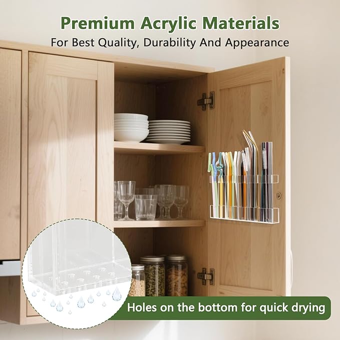 Malldii 9.5" Large Acrylic Straw Holder for Cabinet Door - Reusable Tumbler Straw Organizer Storage, Small Kitchen Accessories Container, Ultra Sticky Cupboard Door Mounted (Transparent) - Image 2
