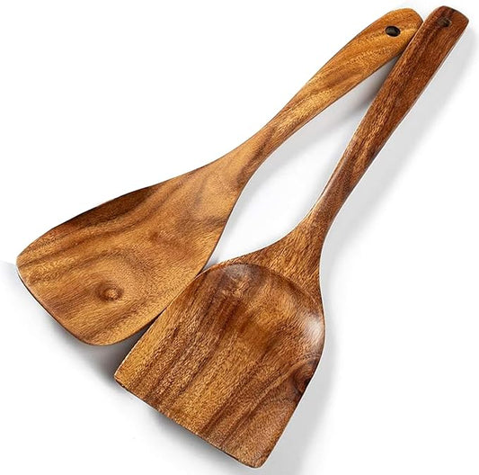 Wooden Spatulas, 2 PCs Natural Acacia Wooden Cooking Utensils Set for Non-stick Pan Kitchen Tool, flipping and Wok Spatula, Wooden Spoons & Spurtle for Cooking by TEZZ