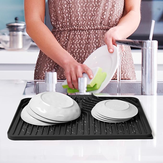 Dish Drying Mat for Kitchen Counter, with Built-in Drain Lip, Food-Grade Silicone, Easy Clean Pad for Countertop Protection, Multi-Functional Use (18x11.8, Black) - Image 8