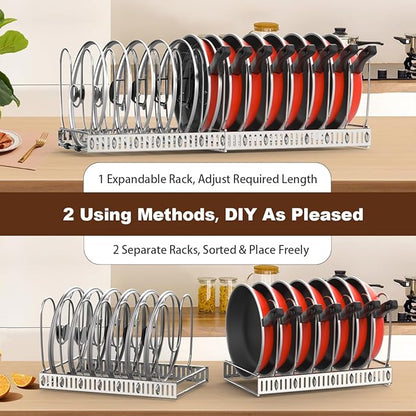 Housolution 2 Pack Pot and Pan Organizer, 12"-23" Expandable Pot Lid Organizer with 14 Adjustable Dividers, Pan Lid Holder Storage Rack for Cabinet, Silver - Image 4