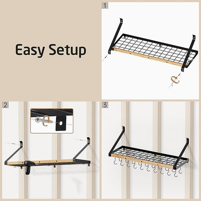 KES Pot Rack Wall Mounted 34 Inch, Pot and Pan Hanging Rack with 20 Sturdy Hooks, Solid Wood Pot and Pan Hanger Organizer, Matte Black, KUR529S85A-BK