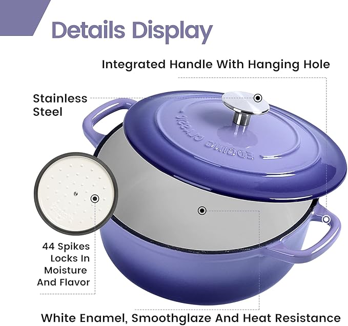 EDGING CASTING Enameled Cast Iron Duch Oven, 5.5 Quart Round Dutch Ovens Pot with Lid, Dual Handle for Bread Baking, Purple - Image 4