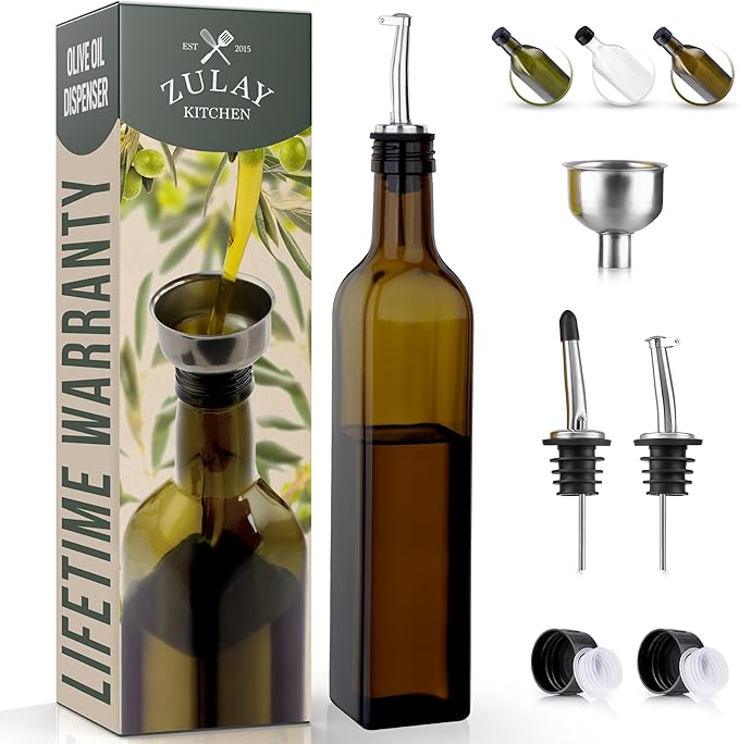 Zulay Kitchen Olive Oil Dispenser Bottle – 17oz Glass Oil Container with Spout, Funnel & Pourer – Dark Brown by ZulayKitchen