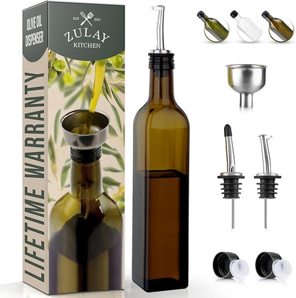 Zulay Kitchen Olive Oil Dispenser Bottle – 17oz Glass Oil Container with Spout, Funnel & Pourer – Dark Brown by ZulayKitchen