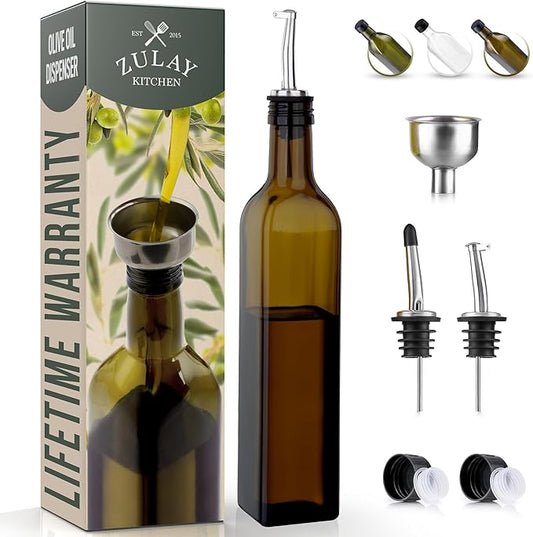 Zulay Kitchen Olive Oil Dispenser Bottle – 17oz Glass Oil Container with Spout, Funnel & Pourer – Dark Brown by ZulayKitchen