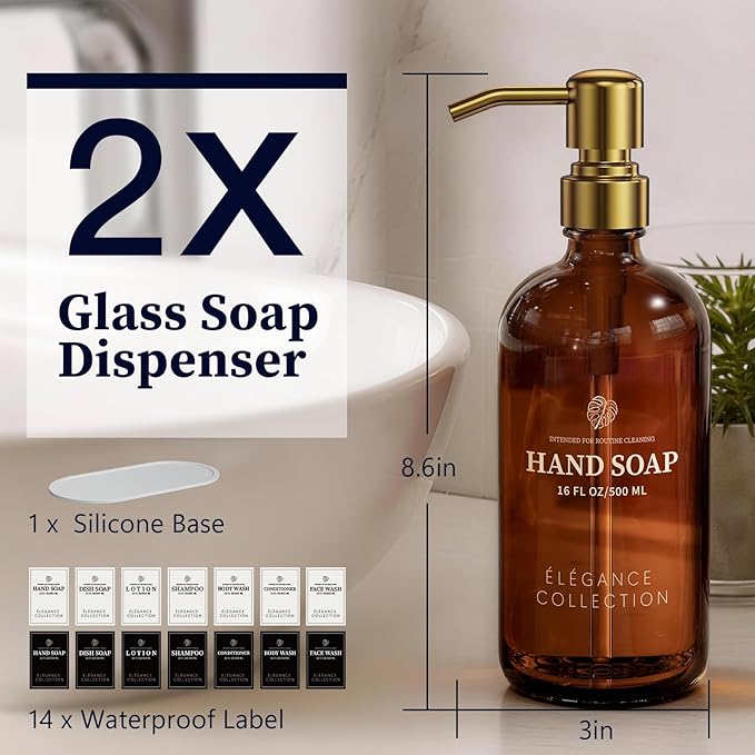 Amber Glass Soap Dispenser Set of 2, 16oz Hand and Dish Soap Dispenser for Kitchen & Bathroom, Gold Stainless Steel Pump, Non-Slip Base, 14 Waterproof Labels, Organic Decor - Image 8