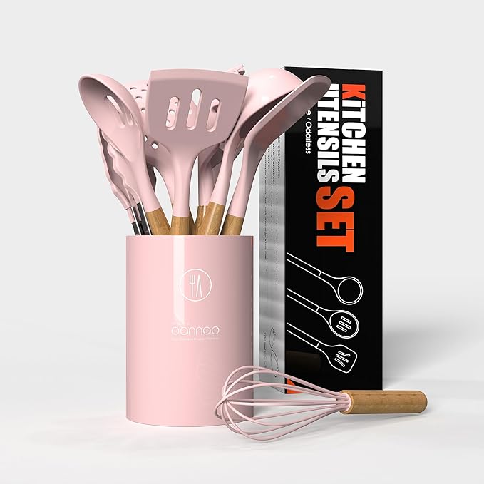 Silicone Kitchen Utensils Set - 446°F Heat Resistant Cooking Utensil Sets, Spatula,Turner,Tongs,Spoon,Brush,Whisk, Wooden Handle Silicone Kitchen Gadgets Tools for Non-Stick Cookware BPA Free (Pink) - Image 5