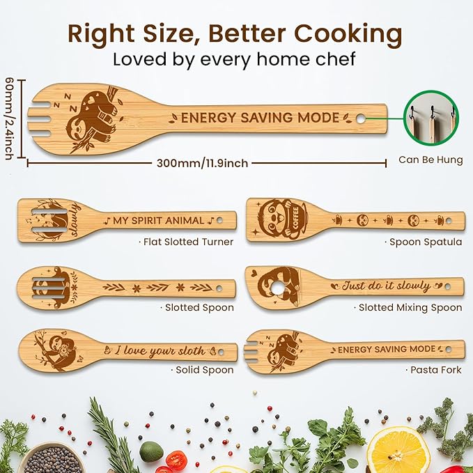 CUTHOLLOW 6PCS Sloths Wooden Kitchen Cooking Utensil Set, 11.9in Non Toxic Bamboo Wood Spoon Set for Cooking, Best Housewarming Birthday Thanksgiving Christmas Gift for Women Mother
