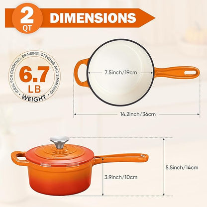 Homikit Small Cast Iron Pot, 2 QT Enameled Cast Iron Sauce Pan with Lid, Heavy Duty Enamel Dutch Oven Kitchen Cookware for Making Pasta, Boiling Soup, Warming Milk, Nonstick & Oven Safe, Flame Orange