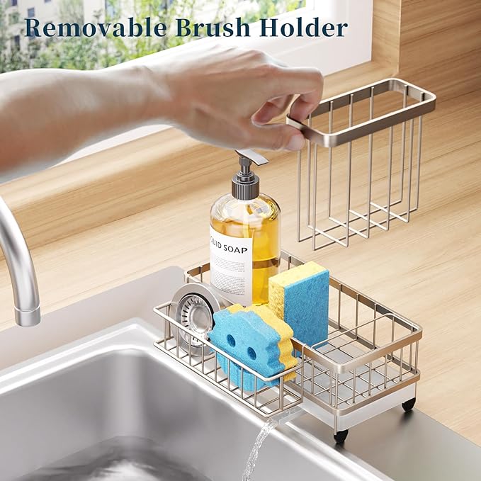 Consumest Sponge Holder for Kitchen Sink - Auto Draining Sink Caddy Organizer with Detachable Rack, High Brush Holder, Kitchen Countertop Storage Accessories, Sand Nickel - Image 3