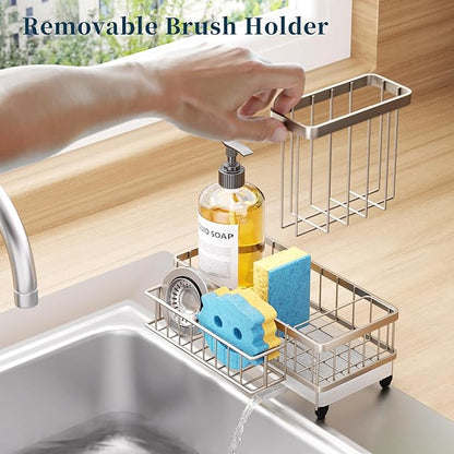 Consumest Sponge Holder for Kitchen Sink - Auto Draining Sink Caddy Organizer with Detachable Rack, High Brush Holder, Kitchen Countertop Storage Accessories, Sand Nickel - Image 3