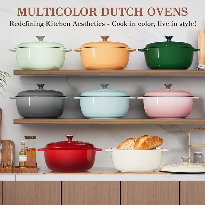 Umite Chef 6QT Enameled Cast Iron Dutch Oven with Lid, Versatile Heavy-Duty Cookware Pot for Baking Bread, Braising, Soups & Stews, Oven & Stovetop Safe with Heat Resistant Gloves(Pink) - Image 8