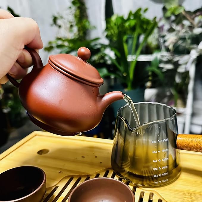 6 Oz Grey Glass Measuring Cups With Spout, Espresso Glass Cups With Wood Handle, Milk Frothing Cup Espresso Cup For Coffee Milk Tea Or Maple Syrup Serving