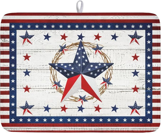 4th of July Patriotic Dish Drying Mat for Kitchen Counter Vintage Red and Blue Star Microfiber Dish Drainer Mat Country Absorbent Washable Drying Pad Extra Large 18"x24"