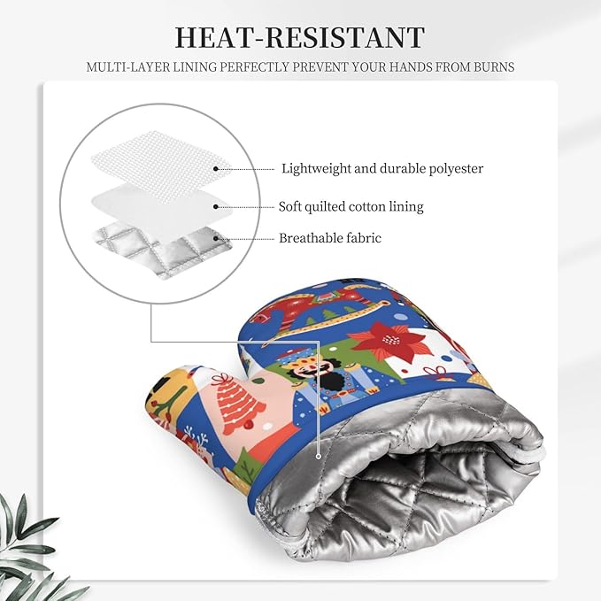 Christmas Nutcrackers Silicone Oven Mitts Pan Mats Set of 2, Heat Resistant Gloves Potholder with Non-Slip Grips Hanging Loops Pot Holder, Spring Summer for Chef Cooking, Baking, Grilling, BBQ