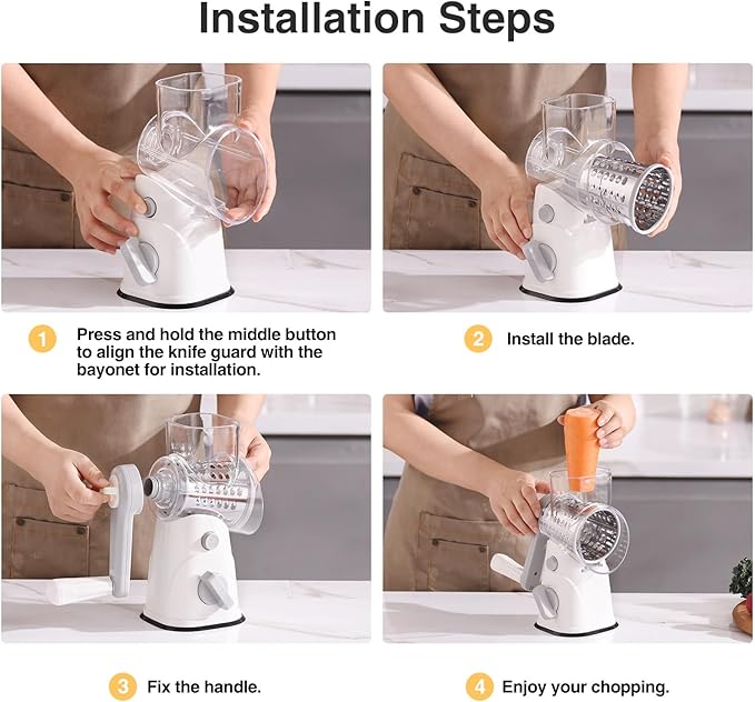 Rotary Cheese Grater Hand Crank, Kitchen Mandolin Vegetable Cheese Shredder with 3 Interchangeable Blades,Easy Clean Rotary Grater with Handle,Kitchen Grater Grinder for Cutting Cheese,Vegetable Nuts - Image 8