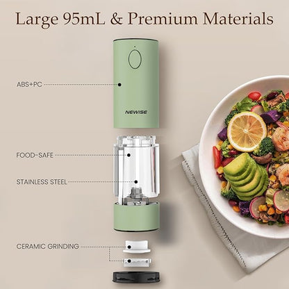 Newise Electric Salt and Pepper Grinder Set Rechargeable with LED Lights, Automatic Pepper & Salt Mill, Adjustable Coarseness, Large Capacity, Green
