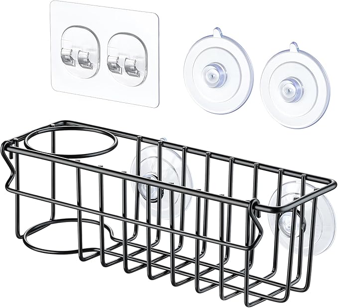 3-In-1 Sponge Holder for Kitchen Sink, 2 Type Suspension Options (Suction Cups & Adhesive Hook), Hanging Sink Caddy Organizer Rack - Sponge, Dish Cloth, Brush, Scrubber, 304 Stainless Steel - Black - Image 8