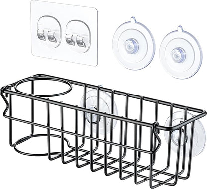3-In-1 Sponge Holder for Kitchen Sink, 2 Type Suspension Options (Suction Cups & Adhesive Hook), Hanging Sink Caddy Organizer Rack - Sponge, Dish Cloth, Brush, Scrubber, 304 Stainless Steel - Black - Image 8