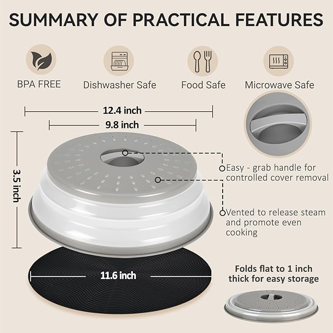 12" Microwave Splatter Cover & Mat, Large Vented Collapsible Splatter Guard Dish Plate Lid & Silicone Round Kitchen Mat for Food - Image 2