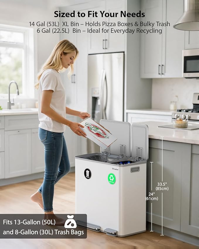 Lovewind Dual Trash Can, 14 + 6 Gallon Garbage Can for Kitchen Dual Compartment Recycling Kitchen Step Trash Bin, Stainless Steel Trash and Recycle Bin Combo with Soft-Close Lid, White - Image 2