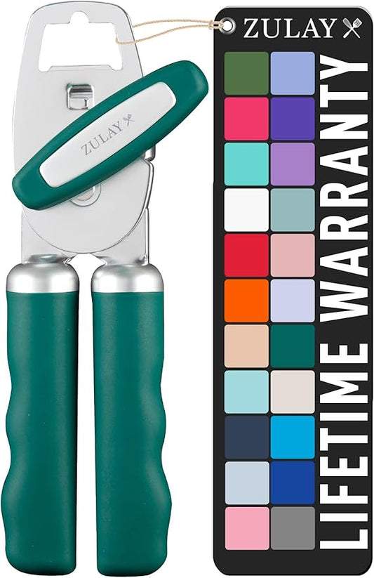 Zulay Kitchen Heavy Duty Stainless Steel Can Opener Manual with Bottle Opener - Rust Proof Manual Can Opener With Turn Knob & Comfy Soft Grip Handles - Emerald by ZulayKitchen