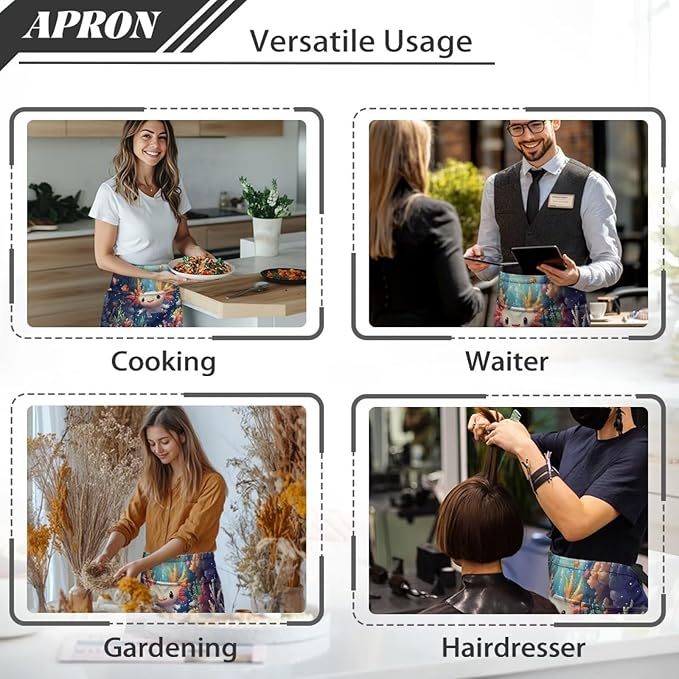 Server Apron with 3 Pockets, Waterproof Oil Waitress Waiter Half Apron for Restaurant Hotel Kitchen Cafe