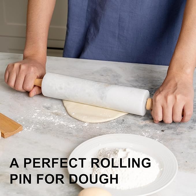 Koville White Marble Rolling Pin With Wooden Handles & Wood Cradle, 18 Inch Polished Marble Rolling Pins For Making Pizza Dough, Dough Roller For Pie Crust, Cookie, Pasta, Ergonomic Handles - Image 5