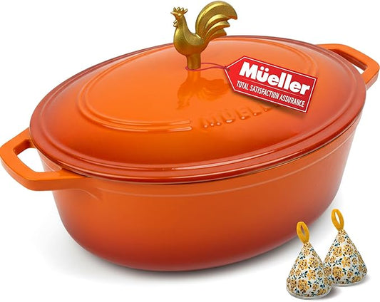 MUELLER HOME 5.5 Quart Enameled Cast Iron Oval Dutch Oven w Rooster Knob & Cotton Potholders, Heavy-Duty Cookware, Oven-Safe up to 500° F & Across All Cooktops, Gifts for Grandma & Women, Orange by MUELLERHOME