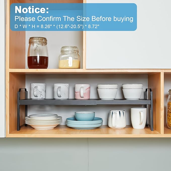 2 Pack Expandable Cabinet Countertop Shelves, Stackable Shelves Organizers For Kitchen Cabinet Countertop Storage, Adjustable Counter Cupboard Pantry Organizer Shelf Rack Stand, Length:20.5" - Image 4