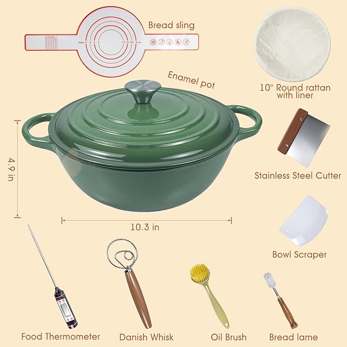 5QT Enameled Cast Iron Dutch Oven for Bread & Multi-Cooking – Complete Sourdough Starter Kit with Lid ,Probe Thermometer, Proofing Basket, Silicone Sling & Gift Packaging Bags,Oven Safe up to 500°F(Green)