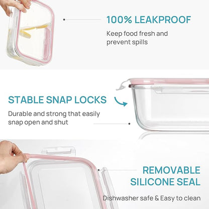 Vtopmart 2Pack 1860ml/63oz Large Glass Storage Containers with Lids, Meal Prep Food Container Set with Snap Airtight Lid for Baking, Microwave, Oven, Leak Proof, for Freezer, Dishwasher, Pink