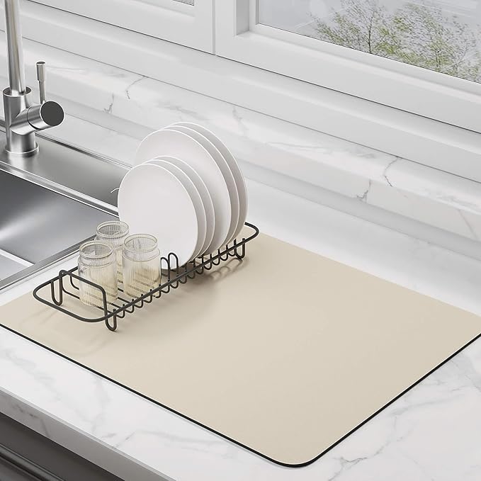 Dish Drying Mat for Kitchen Counter Super Absorbent Drainer Mats with Non-slip Rubber Backed Hide Stain Heat Resistant Easy to Clean Dish Rack Mat (Beige, S-14"x11") by EDC-BFYOU