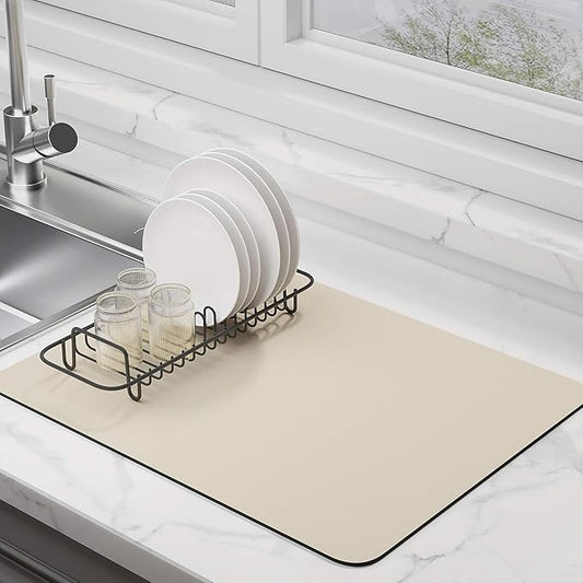 Dish Drying Mat for Kitchen Counter Super Absorbent Drainer Mats with Non-slip Rubber Backed Hide Stain Heat Resistant Easy to Clean Dish Rack Mat (Beige, S-14"x11") by EDC-BFYOU