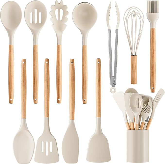 Silicone Cooking Utensil Set,12 PCS Cooking Cookware Kitchen Utensils Set for Cooking, Nonstick 446°F Heat-Resistant Cookware Kitchen Tools of Spoon,Brush,Whisk,Spatula,Turner Tongs (Khaki) by Unknown