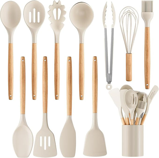 Silicone Cooking Utensil Set,12 PCS Cooking Cookware Kitchen Utensils Set for Cooking, Nonstick 446°F Heat-Resistant Cookware Kitchen Tools of Spoon,Brush,Whisk,Spatula,Turner Tongs (Khaki) by Unknown