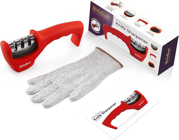 4-in-1 Kitchen Knife Accessories: 3-Stage Knife Sharpener Helps Repair, Restore and Polish Blades and Cut-Resistant Glove - Image 4