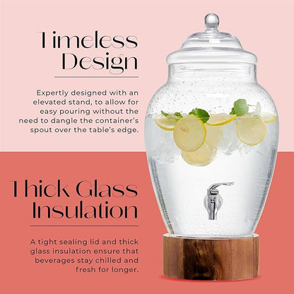 American Atelier Madera Beverage Dispenser Cold Drink Dispenser w/ 3-Gallon Capacity Glass Jug, Leak-Proof Acrylic Spigot in Gorgeous Gift Box Great for Parties, Weddings & More