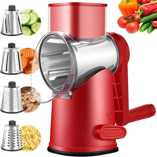 Weltonhm Rotary Cheese Grater with 4 Blades, Large Hand Crank Cheese Grater with Waffle Slicer, Black and White Cheese Slicer with Suction Base, Easier for Shredding& Grating (red, 4 Graters)