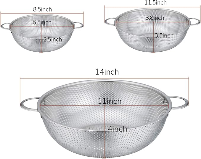 P&P CHEF Colander Set of 3, Stainless Steel Micro-Perforated Colanders Strainers for Draining Rinsing Washing, Ideal for Pasta Vegetables Fruits, Heavy Duty & Dishwasher Safe - 1/3/5 Quart - Image 5