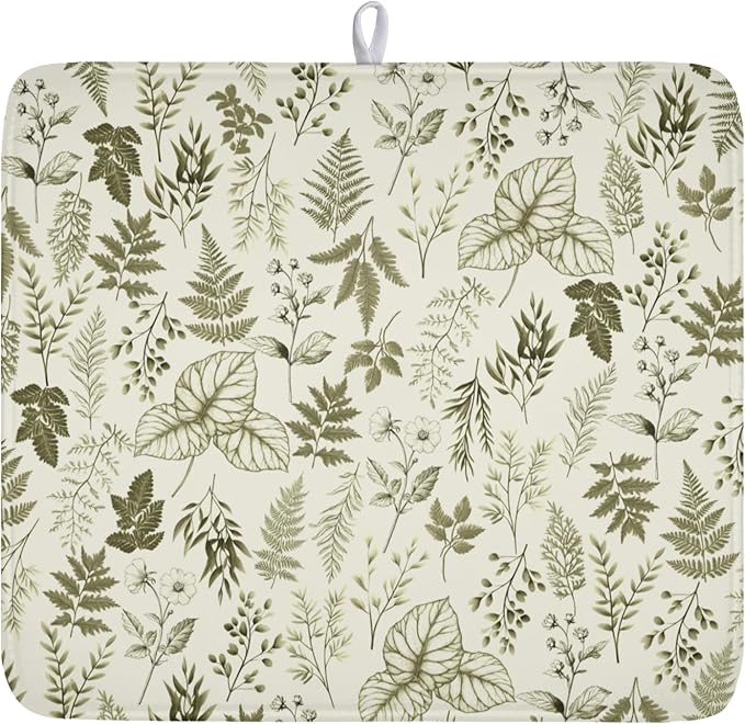 Vintage Botanical Floral Dish Drying Mat for Kitchen Counter Sage Green Herbs Fern Leaves Plant Microfiber Dish Drainer Mat Absorbent Washable Drying Pad 16"x18"