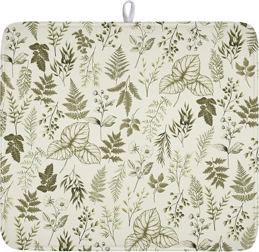 Vintage Botanical Floral Dish Drying Mat for Kitchen Counter Sage Green Herbs Fern Leaves Plant Microfiber Dish Drainer Mat Absorbent Washable Drying Pad 16"x18"