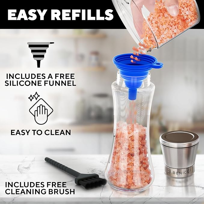 Premium Salt and Pepper Grinder Set of 2 - Two Refillable Stainless Steel Sea Salt & Spice Shakers with Adjustable Coarse Mills - Easy Clean Ceramic Grinders w/BONUS Silicone Funnel & Cleaning Brush - Image 3