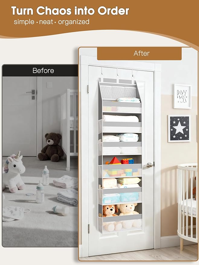 Criusia 2 Pack Over The Door Organizer, Heavy-Duty 6-Shelf Hanging Storage with 13 Mesh Pockets, 55lbs Capacity Behind The Door Storage for Nursery, Bathroom, Bedroom, and Dorm, Grey - Image 3