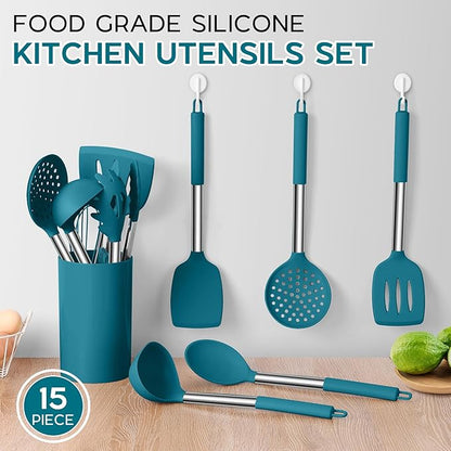15pcs Kitchen Cooking Utensils Set with Holder, Onader Heat Resistant Silicone Kitchen Utensils Spatula Set with Stainless Steel Handle - Blue - Image 3