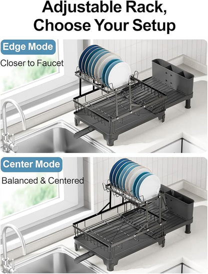GSlife 2 Tier Dish Drying Rack with Drainboard, Expandable Large Dish Drainer for Kitchen Counter, Rust Resistant Dish Drainer with Cup Holder & Utensil Holder, 12.6" W x 18.7"-25.2" L, Black - Image 6