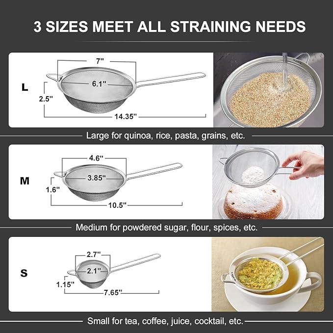 Walfos Fine Mesh Strainer Set of 3, Stainless Steel Wire Strainers for Kitchen, Multipurpose Metal Fine Sieve with Handle, Perfect for Food, Rice, Quinoa, 2.7", 4.6", 7" - Image 2