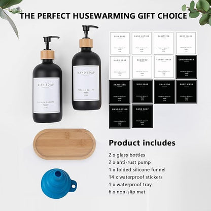 Black Glass Soap Dispenser - Hand Dish Soap Dispenser Set for Kitchen with Sturdy Pump and Tray, 14 Waterproof Labels, Bathroom Refillable Soap Lotion Dispenser-Black
