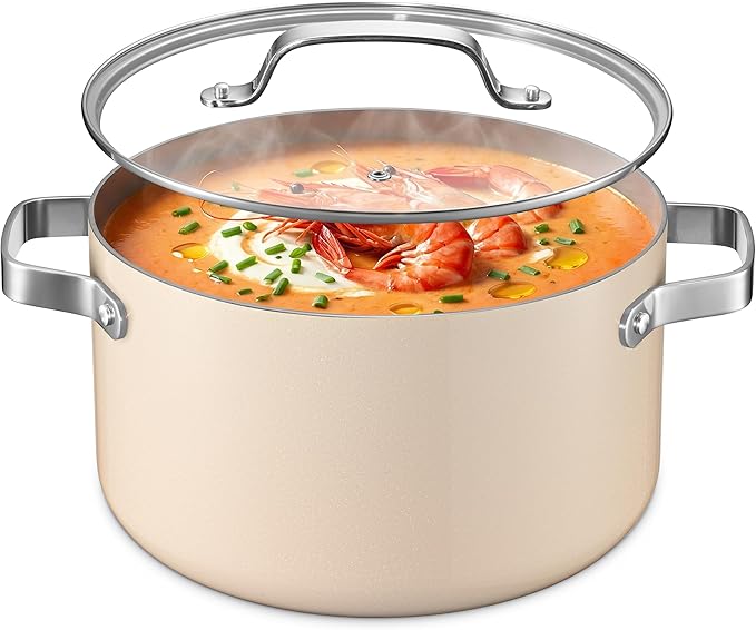Bakken 8.5 Quart Ceramic Coated Stock Pot with Lid, Easy Clean Nonstick Pot, Tempered Glass Lid, Riveted Stainless Steel Handles, Oven Safe Up To 500°F, PTFE & PFAS Free, All Stove Compatible, Cream by BAKK%C3%8BNMASTER